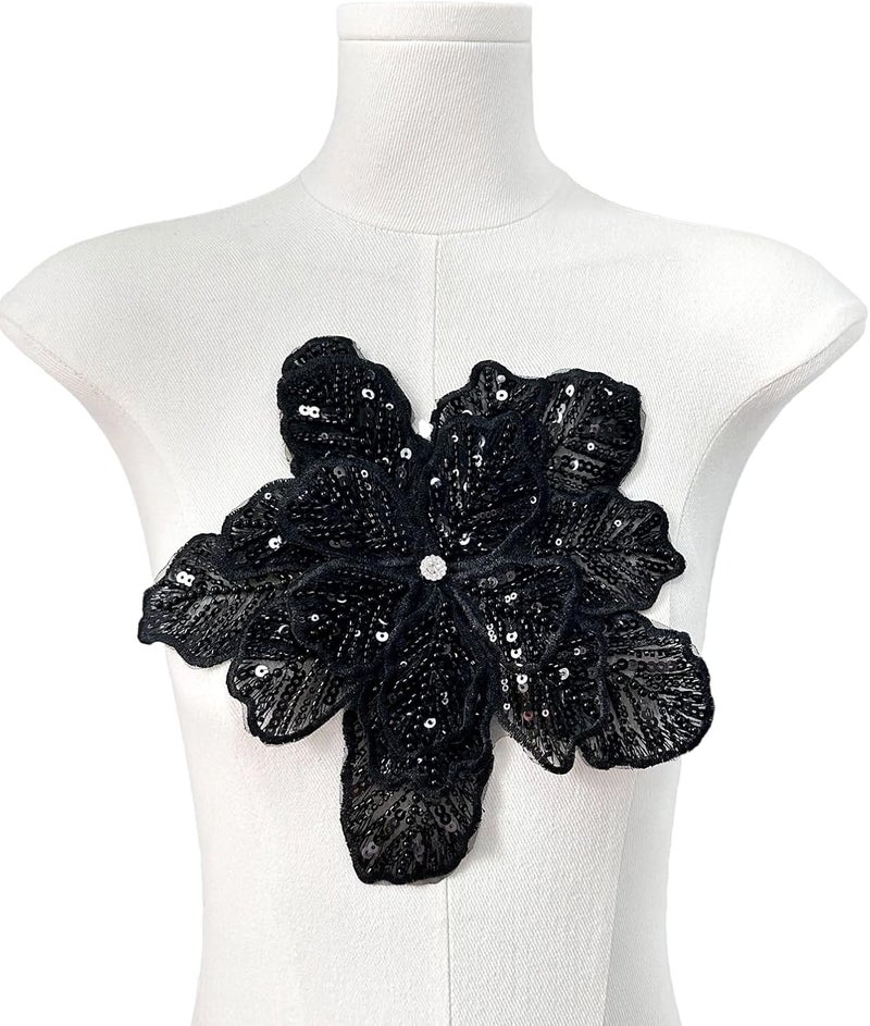 SAIXCCS 1pc Handmade Large Flower Rhinestone Applique for Clothes, Sparkly Sequin Beaded Patches for Wedding Dress, Embroidery Lace Sewing Patches for Bodice Hat Jean Jacket (Black) - Image 2